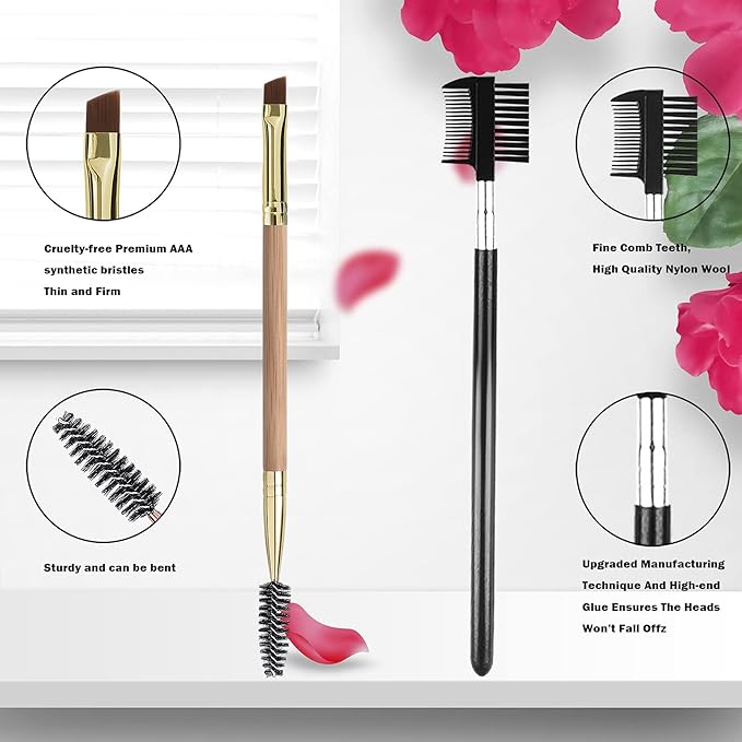 Duo Bamboo Eyebrow Brush Set - Angled Brow Brush & Spoolie Eyelash Comb