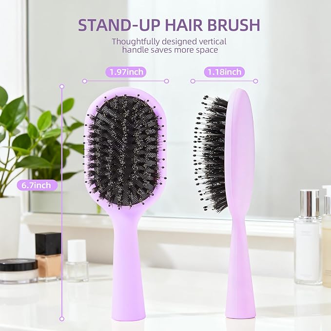 Boar Bristles Hair Brush for Women Men and Kids, Detangling Hair Brush for Smoothing Massage Add Shine, Nylon&Boar Bristles brush for Hair Healthy, Easy to Storage(Purple)