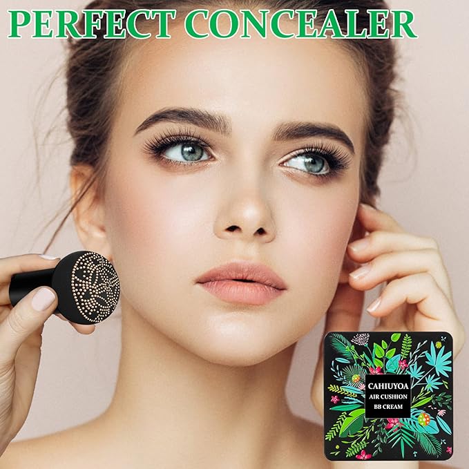 1PCS Mushroom Head Air Cushion CC Cream,CAHIUYOA BB Cream Foundation Full Coverage Concealer Long Lasting Liquid Matte Makeup Foundation with Mushroom Makeup Sponge-Natural