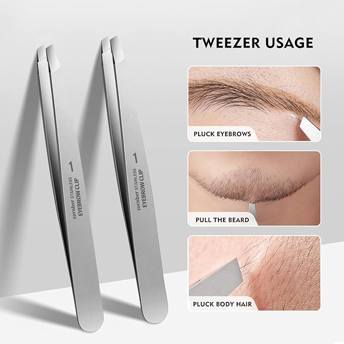 Flat and Slant Tip Tweezers of 2 Pack, Stainless Steel Precision Tweezer for Women Eyebrow & Hair Removal