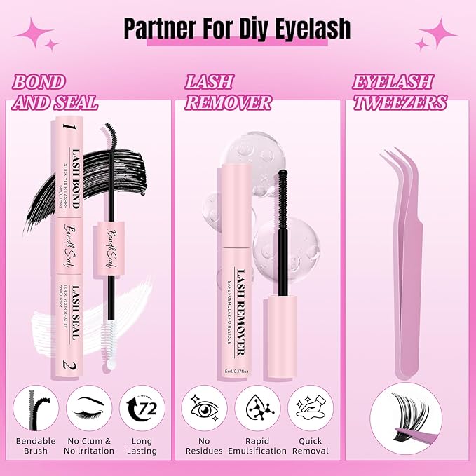 Lash Clusters Kit 320 Pcs D Curl DIY Natural Wispy Lashes Eyelashes Clusters Eyelash Extension Kit with Eyelash Bond and Seal, Remover & Tweezers (30D+40D, Mix9-16mm Kit)