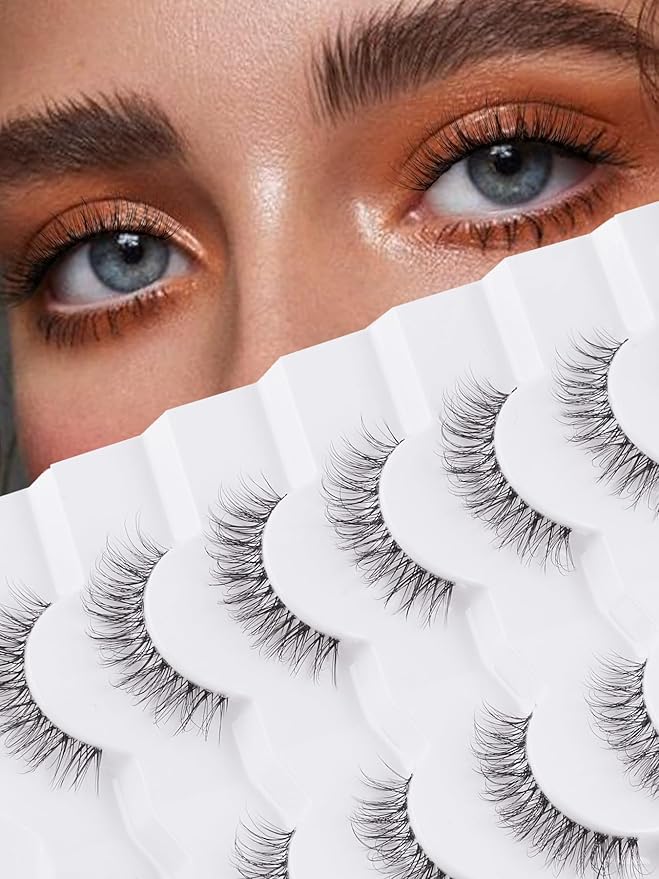Natural Lashes False Eyelashes 12 MM Short Lashes WIspy 3D Volume Fake Eyelashes Pack C Curl Soft Eye Lash Strips with Thin Cotton Band 7 Pair False Lashes Siligli