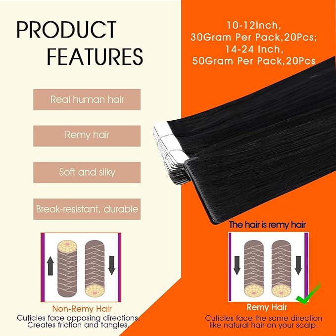 Full Shine Tape in Extensions Color 1 Jet Black Injection Human Hair Extensions Straight Machine Remy Insert Tape in Hair for Women 24Inch Seamless Skin Weft 50Gram 20Pcs Natural Invisible