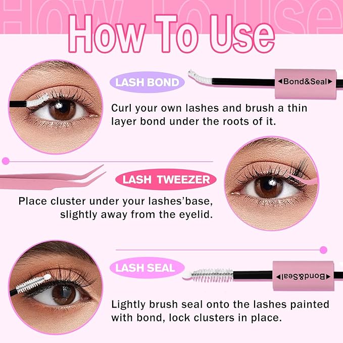 Lash Clusters Kit Eyelash Clusters Individual Lash Extension Kit 240 Pcs D Curly Cluster Lashes DIY Eyelash Extension Kit with Lash Bond and Seal Tweezers Brushes(6D Kit 10-16mm)