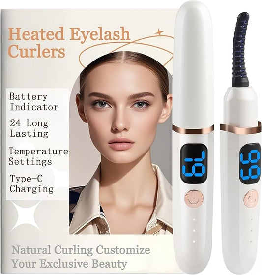 Heated Eyelash Curlers with Battery Indicator, Electric Eyelash Curler 3 Temperature Modes LED Display USB Rechargeable Makeup Tools, Heated Lash Curler Ideal Gift for Women （White）