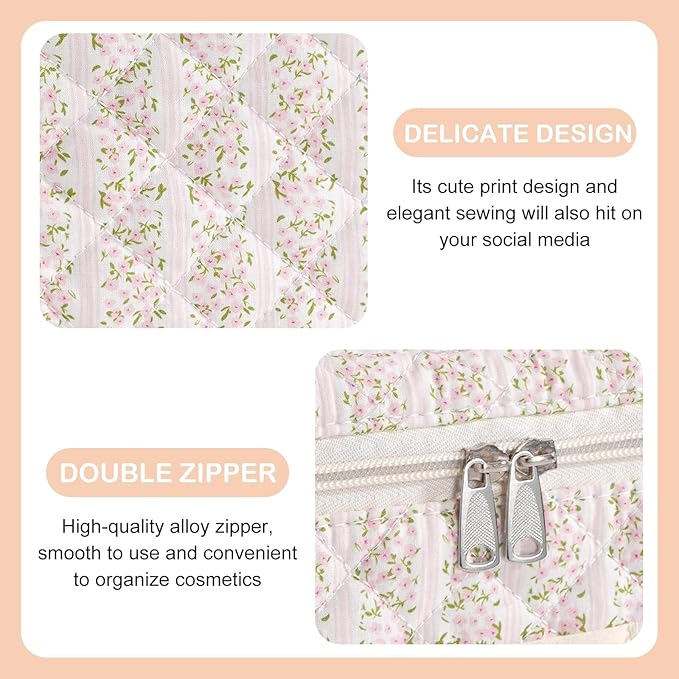 Makeup Bag for Women Quilted Cotton Make Up Bag Travel Cosmetic Bag Large Makeup Bag Cute Makeup Bags Organizer Floral Toiletry Bag Makeup Pouch for Purse, Pink Floral B-1PCS