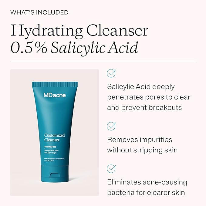MDacne 3 Step Benzoyl Peroxide Acne Kit - Benzoyl Peroxide Cream 2.5%, Salicylic Acid Cleanser, Niacinamide Moisturizer - Medicated Plant-Based kit for Adult & Teen Acne, 60 Day Kit + Pimple Patches