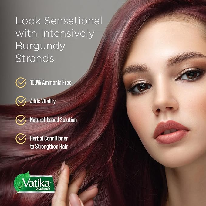 Vatika Naturals Permanent Hair Dye Burgundy, 100% Grey Coverage, Ammonia-Free, for Rich, Long-Lasting Color, No Damage, for Healthy, Vibrant Hair - 6 Sachets (10g each)