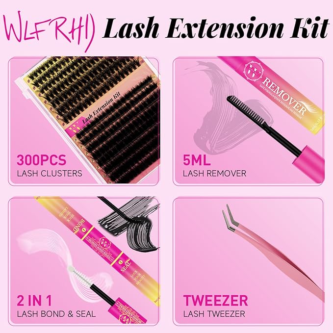 Lash Clusters Kit 300pcs 70D+90D DIY Individual Lashes Extension Kit Cluster Eyelash Extensions with Lashes Clusters Bond and Seal Eyelash Remover Lashes Applicator Tool at Home(D-Mix10-18mm)