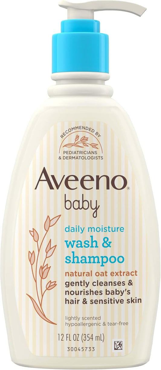 Aveeno Baby Daily Moisture Gentle Body Wash & Shampoo with Oat Extract, 2-in-1 Baby Bath Wash & Hair Shampoo, Tear- & Paraben-Free for Hair & Sensitive Skin, Lightly Scented, 12 fl. oz