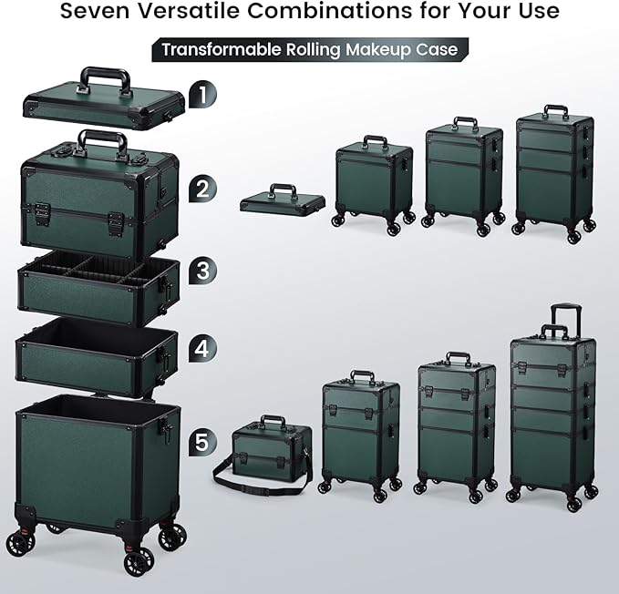 FRENESSA Rolling Makeup Train Case Cosmetology Case on Wheels 5 in 1 Makeup Case with Lid Rolling Large Make Up Organizer for Artist Barber Salon Nail Teach Kits Professional Cosmetic Box Dark Green
