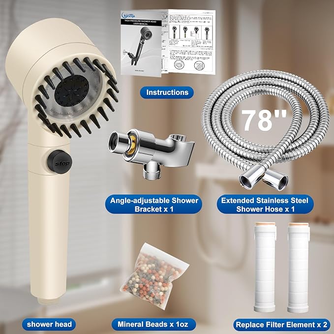 Luxsego High Pressure Shower Heads with Handheld Sprayer, Filtered Shower Head Soften Hard Water with Scalp Massager for Skin & Hair Care, 3 Settings Multi Functional Detachable Shower Head (Cream)