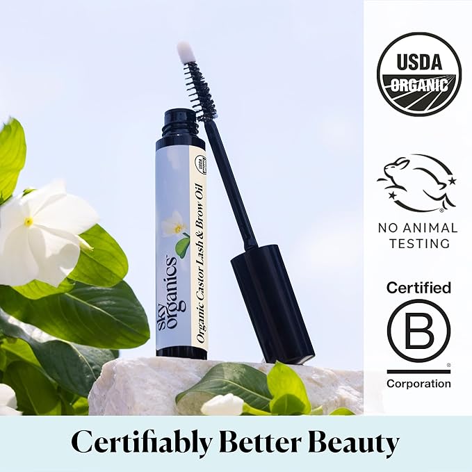 Sky Organics Organic Castor Oil (16 oz), USDA Certified Organic, 100% Pure, Cold Pressed, Hexane Free, Boost Hair Growth, Use with Castor Oil Pack (Lash & Brow Oil & Applicator)