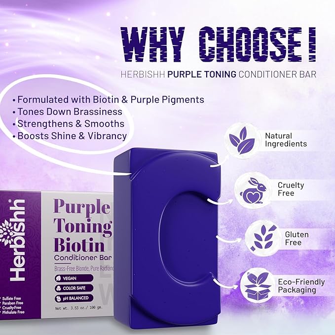Herbishh Purple Toning Conditioner Bar for Blonde, Silver & Gray Hair, Neutralizes Brassiness, Adds Shine & Moisture, Biotin Conditioner Bar, Sulfate-Free, 3.53 oz Pack of 2
