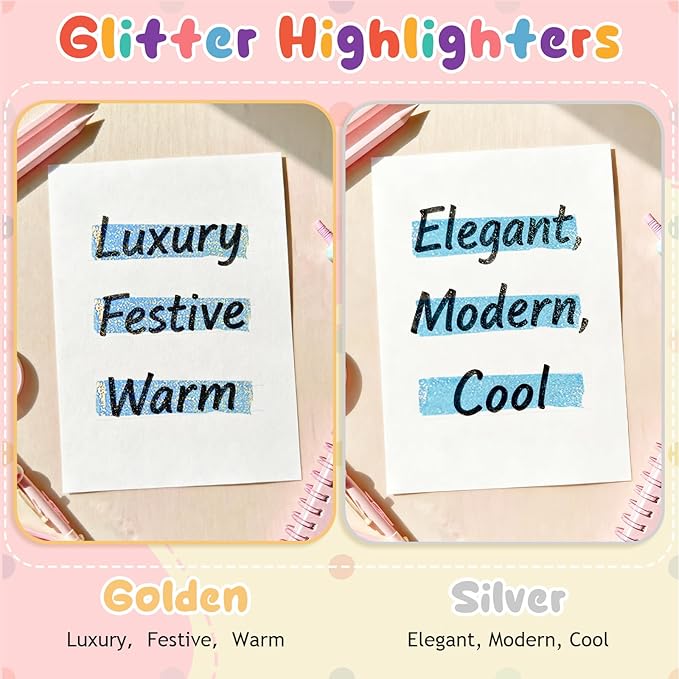 Silver Glitter Highlighters- Chisel Tip, No Bleed, Assorted Colors - 12 Pack Metallic Colors Cute Highlighter Markers, Pastel Bible Highlighters for Journaling and School Supplies for Girls
