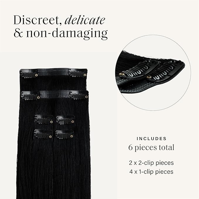 Luxy 100% Remy Human Hair Extensions for Thin Hair Thinning Hair Fill-Ins – 6 Seamless Wefts Multi-Dimensional Color Blend - Natural-Looking Volume & Coverage 80 grams 16" Jet Black Thinning