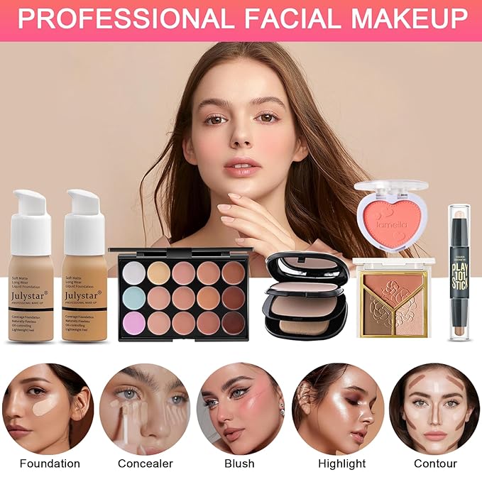 All in One Makeup Kit for Women Full Kit, Professional Travel Makeup Kit for Women & Teens, Foundation Eyeshadow Lipstick Brow Pencil Eyeliner Contour Powder, Complete Make Up Gift Set for Beginners