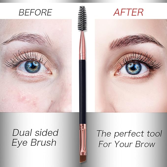 Duo Eyebrow Brush and Eyelash Comb Set - Professional Angled Eye Brow and Spoolie Brush (Black+Black)