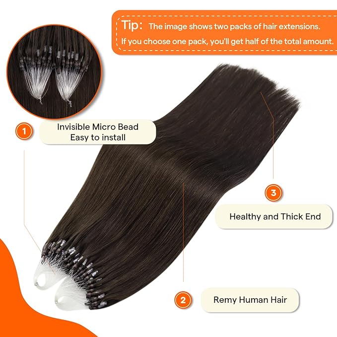 Full Shine Microlink Hair Extensions Human Hair 16 Inch Micro Loop Hair Extensions Real Human Hair Color 2 Dark Brown 50 Grams Easy Installation add Volume for Women