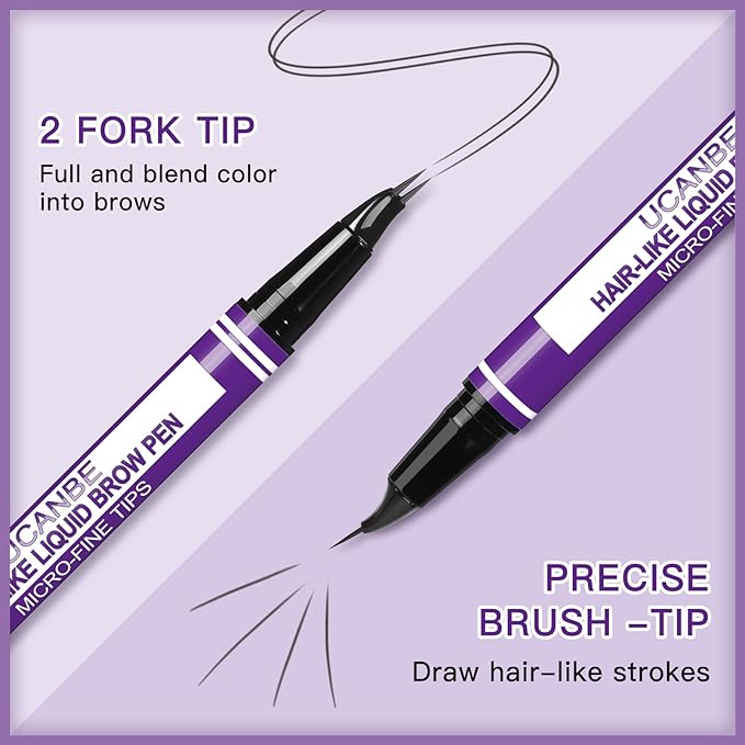 UCANBE Curved Eyebrow Pencils for Women with Spoolie Brush,Dual-Ended Eyebrow Pen with 2-Fork-Tip&Precise Brush-Tip,Microblading Brow Pen for Hair-Like Brows,Waterfool, Long Lasting,Black Brown
