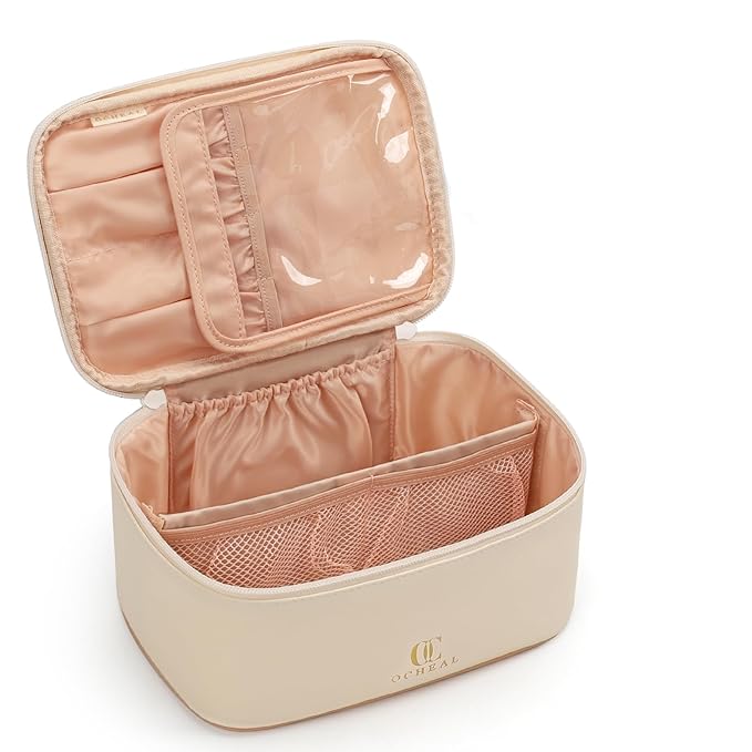 OCHEAL Beige Makeup Bag,Travel Makeup Organizer Bag, Large Capacity Cosmetic Bags For Women Large Travel Toiletry Bag Girls Traveling With Brush Slot And Divider-White