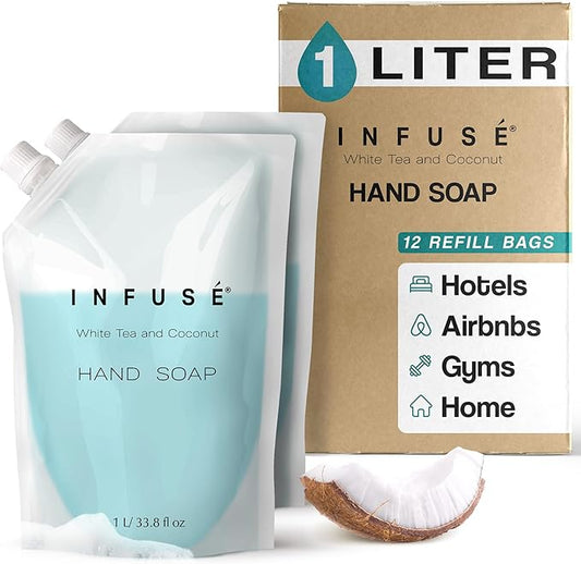 1 Liter Hand Wash Refill Bag For Soap Dispensers | Bulk Toiletries for Vacation Rentals, and Home Bathroom Showers | White Tea and Coconut | Set of 12