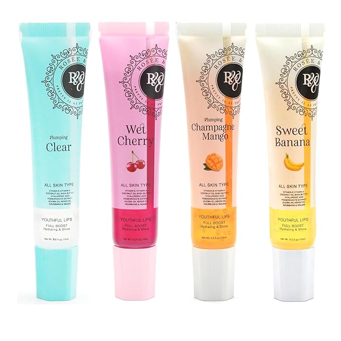 ROSÉE & CO Rosee Lip Gloss Vegan & Cruelty Free Treatment, Professional Make up, Long Lasting Glossy with Shea Butter, Moisturize, Protect & Smooth, High Shine, Non-Sticky - Set of 4-5