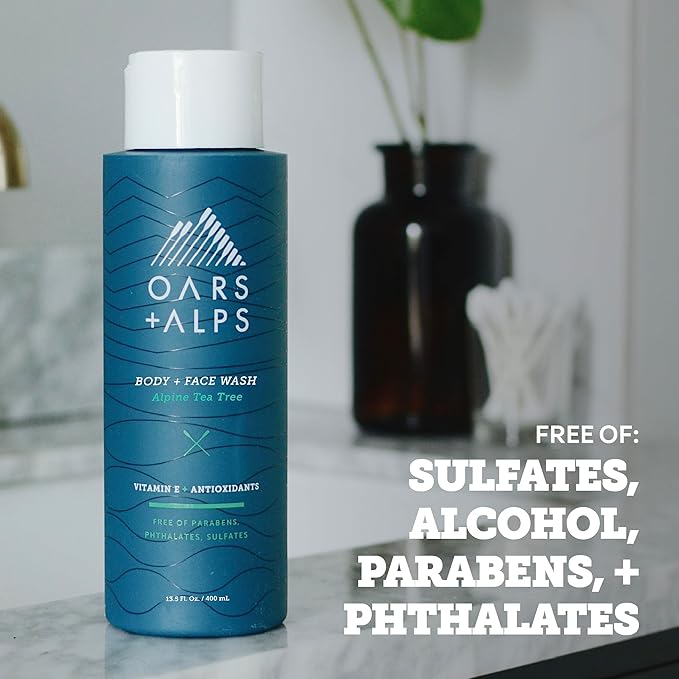 Oars + Alps Body and Face Wash for Men, Mens Body Wash & Face Cleanser with Vitamin E and Antioxidants, Moisturizing, Hydrating, Paraben & Sulfate Free Cleanser, Alpine Tea Tree, 2pk