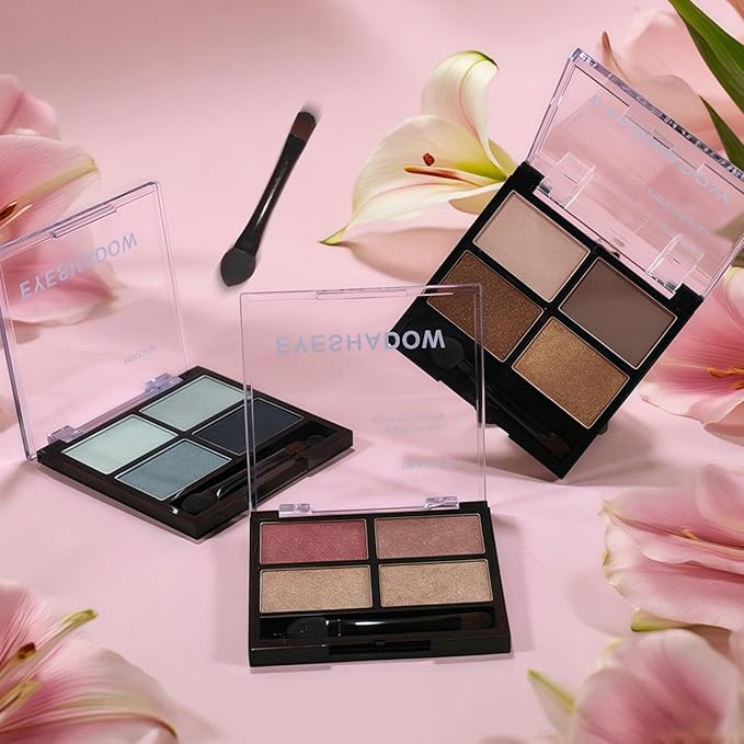 4-in-1 Eye Makeup Kit 4 Colors Eyeshadow Palette Black Liqiud Eyeliner with Stamp and Double-headed Brown Eyebrow Pencil Set for Women Beginners Gift (02)