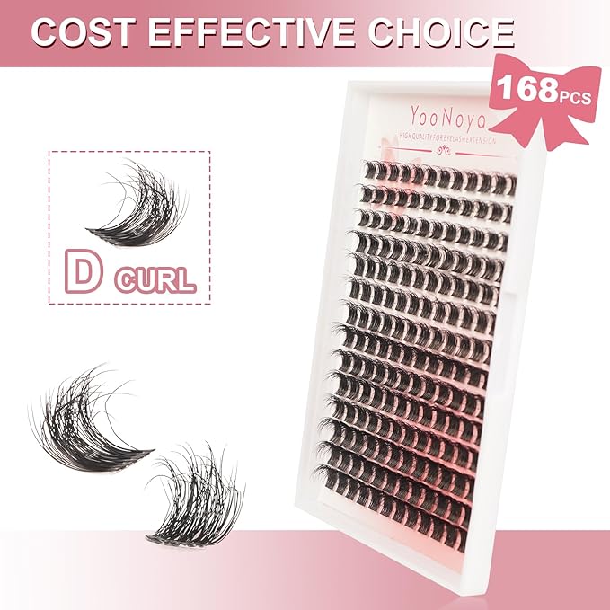 Lash Clusters 168 PCS 10-16mm Thick Eyelash Clusters D Curl Fluffy Cluster Eyelash Extensions Natural Cluster Lashes Reusable Volume Lashes Extension with Clear Lashes Band (QC-10-16mm-168PCS)