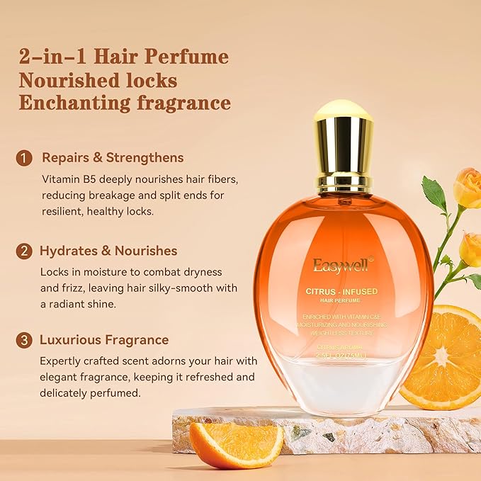 Hair Perfume for Women, Christmas Gift Birthday Gifts for Mom and girls, Leave In Conditioner Spray with Vitamin B5, Hair Care Fragrance, Hair Oil Mist, Citrus, 2.5 fl oz