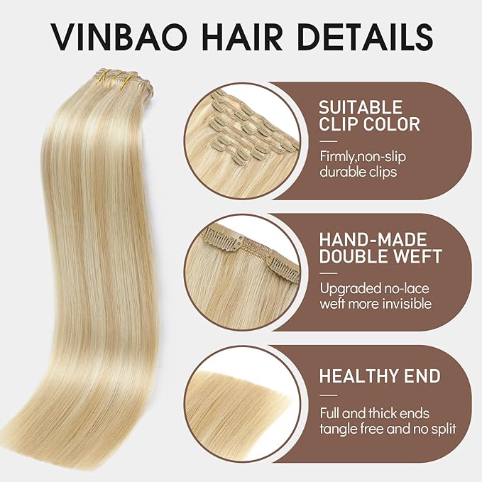 VINBAO Thick Clip in Extensions Real Human Hair, Balayage Golden Brown to Platinum Blonde, Clip in Human Hair Extensions, 20Inch 160g #27P60 7PCS Double Weft (#HC27P60,20'')