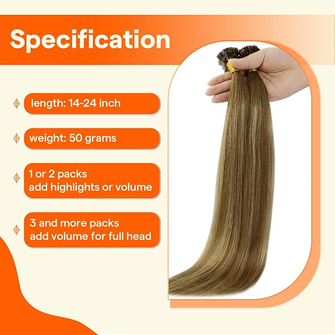 Full Shine K Tip Hair Extensions Human Hair Medium Brown Fading to Blonde and Brown Human Hair Extensions 16 Inch Keratin Tip Extensions 50 Grams Straight Natural Remy Hair