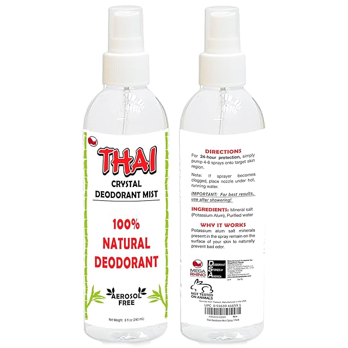 2-PACK Thai Deodorant Spray - Made in USA - Whole Body Natural Crystal Salt Deodorant Spray for Women Men & Teens, (8 Oz)