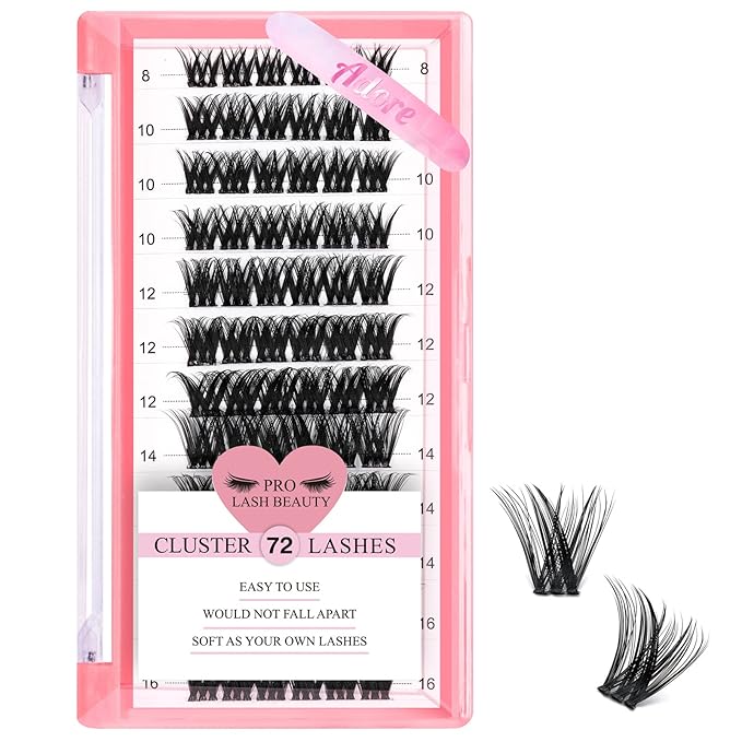 Cluster Lashes 72 Pcs Lash Clusters DIY Eyelash Extension Individual Lashes D-8-16mix Thin Band Easy to Apply at home Lashes (Adore, D-8-16mix)