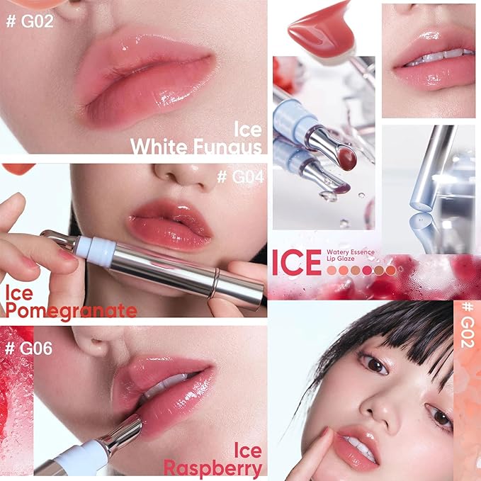 Ice Cool Essence Lip Glaze, Watery Essence Lip Gloss, Jelly Hydrating Mirror Liquid Lipstick with Metallic Brush Moisturizing Ice Watery Lip Gloss (G06 Pomegranate ice)