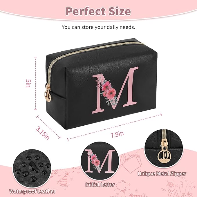 Personalized Initial Makeup Bag, Birthday Gifts for Women and Girls, Small Makeup Pouch Travel Toiletry Bag, Make Up Organizer Bag Gift Trendy Stuff for Friend Mom Teacher, Black