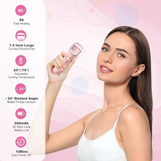 Heated Eyelash Curler, 8s Fast Heat Up, Dual Temperature Modes 149°F /167°F, Rechargeable 600mAh Battery, 24h Long Lasting, 1.5 Inch Wide Safe Silicone Pad Compact Travel Lash Curler Pink