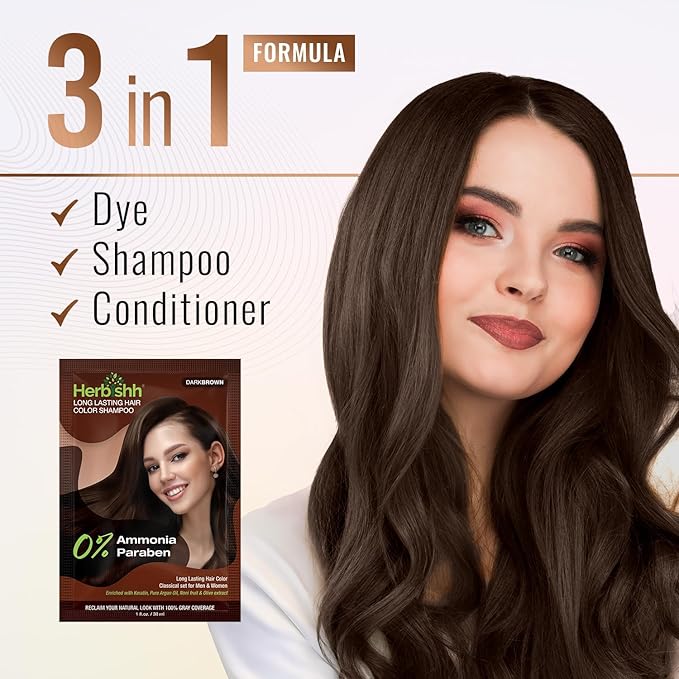 Herbishh Travel Pack Hair Dye Color Shampoo + 15pc Argan Hair Mask Sachet (Dark Brown, 15 Sachets)