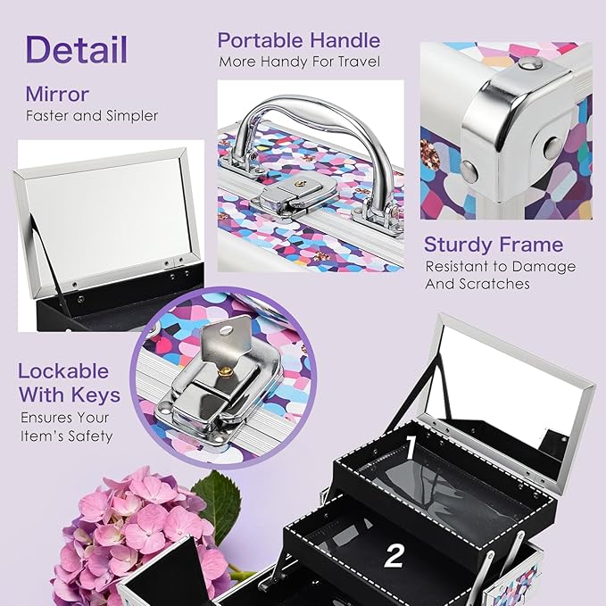 FRENESSA Makeup Train Case Makeup Box Organizer Portable Cosmetic Travel Case Makeup Case with Mirror Locking Make Up Cases Organizers and Storage for Nail Supplies Hard Cosmetic Box Purple