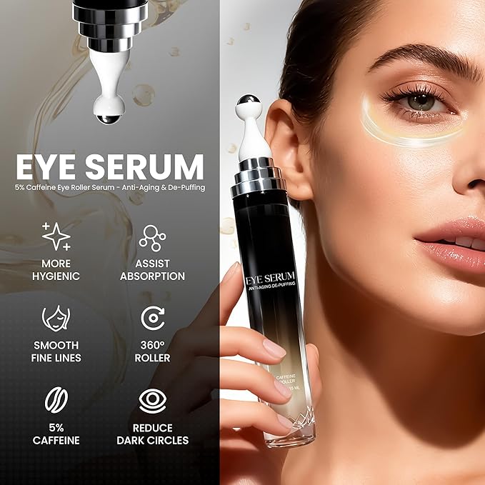 Eye Cream with 360° Massage Roller, 0.5 fl oz, Advanced Formula with Caffeine, Retinol, Peptides for Dark Circles, Puffiness, Anti-aging, Hyaluronic Acid, Green Tea