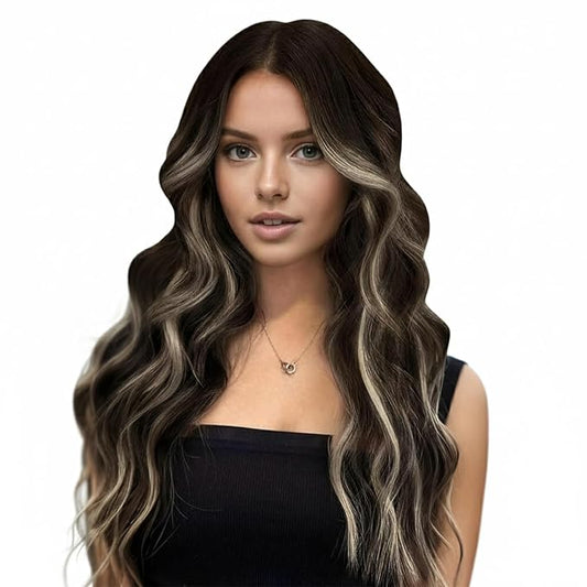 Full Shine Microlink Hair Extensions Human Hair 24 Inch Long Straight Remy Hair 50 Grams Prebonded Micro Beads Hair Extensions Balayage Dark Brown Ombre to Platinum Blonde and Brown