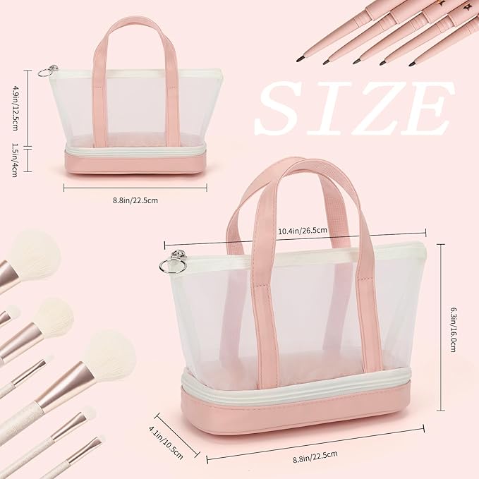 Small Multi-Functional Makeup Bag for Teens and Women Cute Cosmetic Case with Zipper Pouch/Double Handle for Travel Daily Use Multi-Scene Storage - Perfect Christmas or Birthday Gift for Girls - Pink