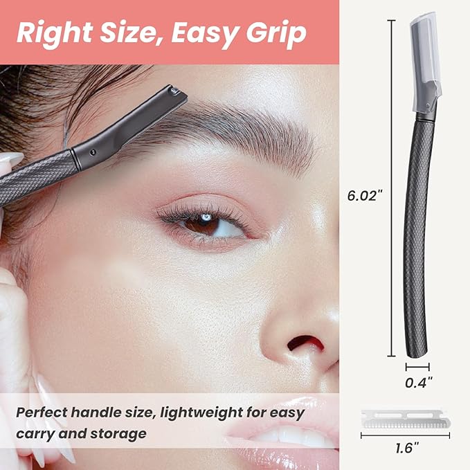 Facial Razor for Women with 20 Refill Blades, Eyebrow Razor and Dermaplaning Tool for Face Exfoliation & Peach Fuzz Removal, Precision Eyebrow Trimmer with Reusable Metal Handle – Black