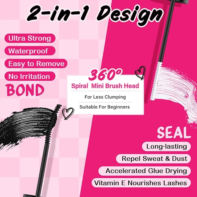 Lash Bond and Seal Cluster Lash Glue & Seal Waterproof Bond and Seal Cluster Lash Glue for DIY Eyelash Extensions Waterproof Strong Hold (5ml+5ml, Black Bond & Clear Seal)