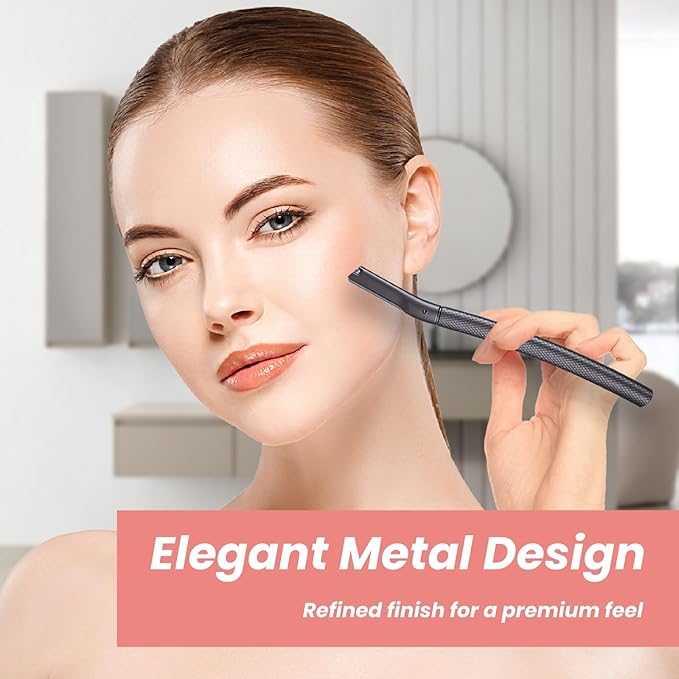 Facial Razor for Women with 20 Refill Blades, Eyebrow Razor and Dermaplaning Tool for Face Exfoliation & Peach Fuzz Removal, Precision Eyebrow Trimmer with Reusable Metal Handle – Black