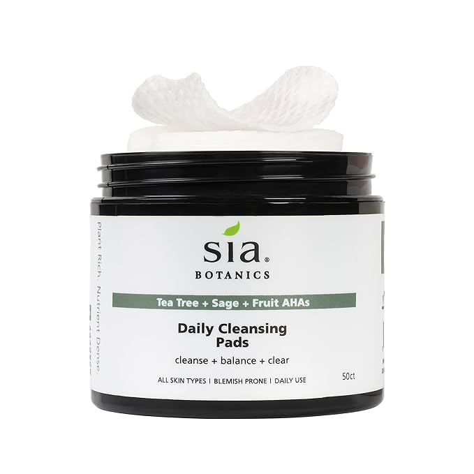 Sia Botanics Tea Tree Daily Cleansing Pads for Face (50ct Tub) | Facial Applicator w/Tea Tree, Sage, Fruit AHAs | Natural, Clean, Botanical Skincare for Women