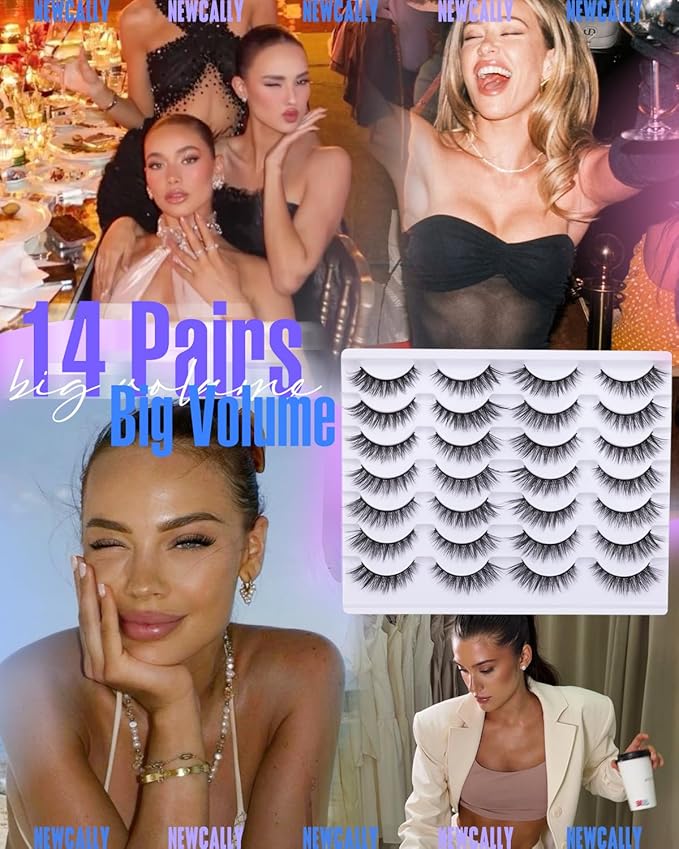 Newcally Lashes False Eyelashes Cat Eyes Wispy Natural Faux Mink Lashes 14 Pairs Pack Light Volume Short Fake Eye Lashes Multipack