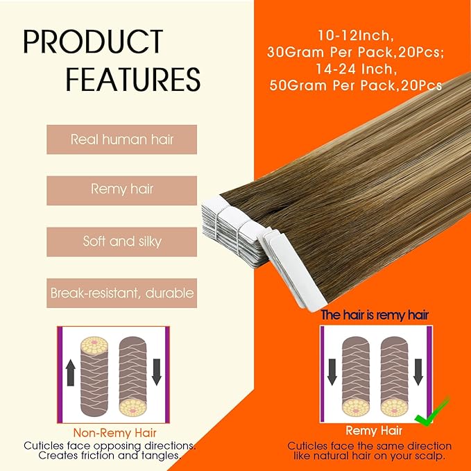 Full Shine Brown And Blonde Injection Tape in Hair Extensions Human Hair Color 4/24/4 Double Sided Remy Tape in Extensions 18Inch 50G 20Pcs for Women Daily Office Look Reusable
