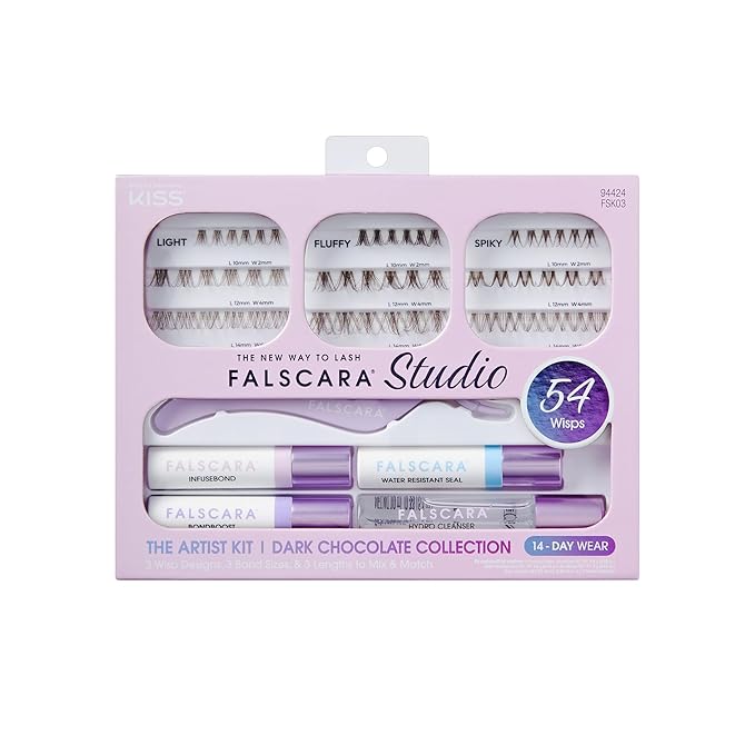 FALSCARA STUDIO Lash Extension Kit, 54 Stackable Lash Clusters, Medium Volume, 10mm-14mm, ‘Dark Chocolate’, False Eyelashes, InfuseBond, Water-Resistant Seal, BondBoost, Hydro Cleanser, Applicator